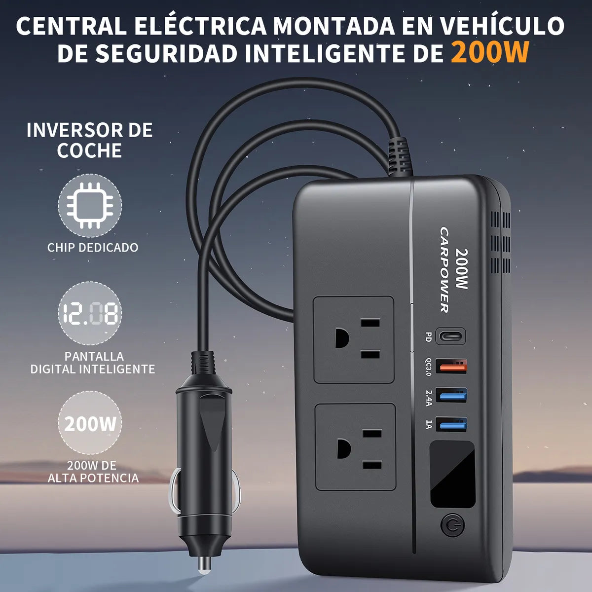 Transforma tu carro en oficina o centro de carga: Inversor 200 W compacto + 3 USB + Tipo‑C + LED.