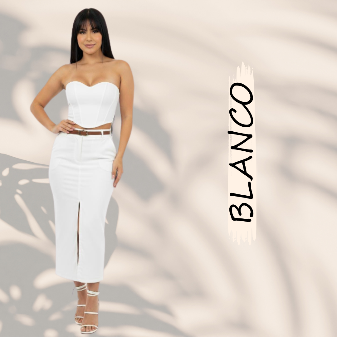 Conjunto Corset + Falda Midi | Estilo y Elegancia-Talla: Única (ajustable S, M, L).🎁Incluye Cinturón + Envío gratis